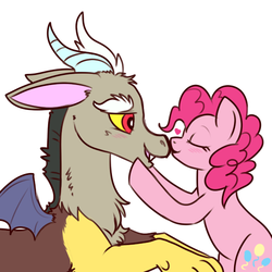 Size: 544x544 | Tagged: safe, artist:lulubell, discord, pinkie pie, g4, blushing, eyes closed, female, heart, interspecies, kissing, male, ship:discopie, shipping, simple background, straight, white background