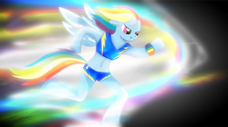 Size: 2033x1141 | Tagged: dead source, safe, artist:sierraex, rainbow dash, pegasus, anthro, unguligrade anthro, g4, arm hooves, belly button, bracelet, clothes, determined, female, jewelry, running, solo, sonic rainboom, sports bra