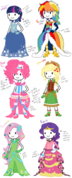 Size: 817x2000 | Tagged: artist needed, safe, applejack, fluttershy, pinkie pie, rainbow dash, rarity, twilight sparkle, human, g4, clothes, cosplay, design, dress, gala dress, humanized, mane six, sketch