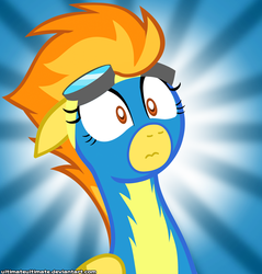 Size: 1000x1045 | Tagged: safe, artist:zantyarz, spitfire, pegasus, pony, g4, bust, clothes, floppy ears, goggles, portrait, reaction image, shocked, show accurate, surprise face, uniform, wonderbolts uniform