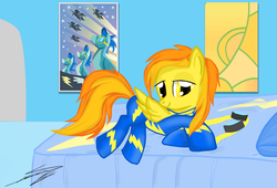 Size: 1400x950 | Tagged: dead source, safe, artist:sierraex, spitfire, pegasus, pony, g4, bed, bedroom eyes, female, goggles, lying down, mare, solo, wonderbolts uniform