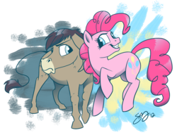 Size: 1300x1000 | Tagged: safe, artist:probablyfakeblonde, cranky doodle donkey, pinkie pie, donkey, earth pony, pony, g4, duo, female, male