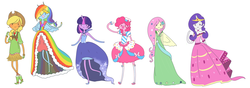Size: 1679x590 | Tagged: safe, artist:giraffewizardry, applejack, fluttershy, pinkie pie, rainbow dash, rarity, twilight sparkle, human, g4, adventure time, blushing, clothes, crossover, dress, gala dress, hat, horn, horned humanization, humanized, male, mane six, open mouth, skinny, smiling, spread wings, thin, winged humanization