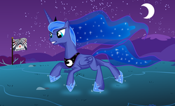 Size: 2667x1613 | Tagged: dead source, safe, artist:sierraex, princess luna, alicorn, pony, g4, ethereal mane, female, hoof shoes, mare, moon, new lunar republic, night, running, solo, sparkles, starry mane, stars