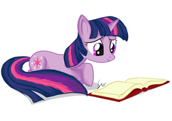 Size: 1491x1055 | Tagged: dead source, safe, artist:sierraex, twilight sparkle, pony, unicorn, g4, book, female, mare, prone, reading, simple background, smiling, solo, unicorn twilight, white background