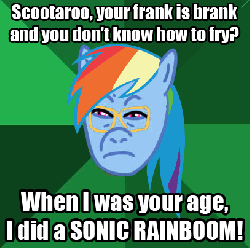 Size: 407x405 | Tagged: safe, rainbow dash, scootaloo, g4, gif, high expectations asian father, meme, non-animated gif, scootaloo can't fly