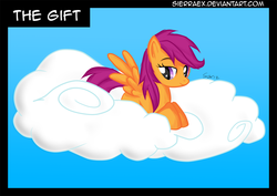 Size: 2014x1424 | Tagged: dead source, safe, artist:sierraex, scootaloo, pegasus, pony, g4, blank flank, cloud, female, mare, older, older scootaloo, on a cloud, scootaloo can fly, sitting, sitting on a cloud, sky background, solo