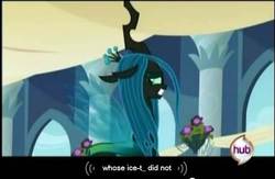 Size: 636x415 | Tagged: safe, screencap, queen chrysalis, changeling, changeling queen, g4, female, frown, hub logo, looking back, needs more jpeg, smiling, solo, standing, youtube caption