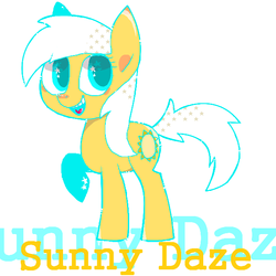 Size: 600x600 | Tagged: dead source, safe, artist:tona, sunny daze, earth pony, pony, g4, adorabledaze, cute, female, filly, open mouth, pixiv, simple background, smiling, starry eyes, teeth, text, white background, wingding eyes