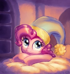 Size: 1000x1063 | Tagged: safe, artist:kp-shadowsquirrel, pinkie pie, earth pony, pony, g4, bed, cute, diapinkes, female, hat, nightcap, solo