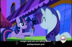 Size: 636x411 | Tagged: safe, screencap, rarity, twilight sparkle, g4, youtube caption