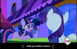 Size: 636x411 | Tagged: safe, screencap, rarity, twilight sparkle, g4, youtube caption