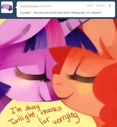 Size: 641x700 | Tagged: dead source, safe, artist:dhui, pinkie pie, twilight sparkle, ask tired pie, g4, female, lesbian, nuzzling, ship:twinkie, shipping, tumblr