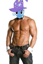 Size: 479x709 | Tagged: safe, trixie, human, g4, 1000 hours in ms paint, clothes, face swap, horn, horned humanization, humanized, male, male nipples, nipples, nudity, pants, rule 63, solo, topless