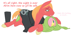 Size: 1194x575 | Tagged: safe, artist:cartoonlion, big macintosh, fluttershy, earth pony, pony, g4, blanket, comforting, female, larger male, male, mare, nightmare night, ship:fluttermac, shipping, size difference, smaller female, stallion, straight