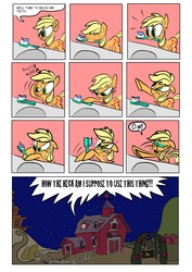 Size: 4961x7016 | Tagged: safe, artist:joeywaggoner, applejack, earth pony, pony, g4, absurd resolution, comic, earth pony problems, female, horse problems, mare, mouth hold, no fingers, solo, toothbrush