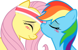 Size: 2324x1500 | Tagged: safe, artist:kennyklent, fluttershy, rainbow dash, pegasus, pony, g4, female, headband, kissing, lesbian, mare, ship:flutterdash, shipping, simple background, transparent background