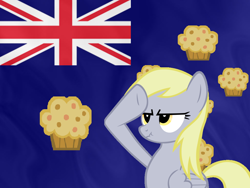 Size: 1024x768 | Tagged: safe, derpy hooves, pegasus, pony, g4, australia, female, flag, mare, muffin, rainbow dash salutes, salute, solo, union jack