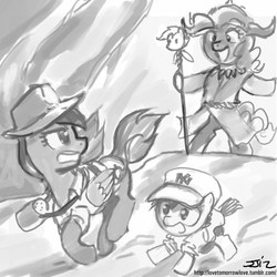 Size: 850x850 | Tagged: safe, artist:johnjoseco, daring do, pinkie pie, pipsqueak, earth pony, pegasus, pony, g4, bipedal, crossover, grayscale, indiana jones, indiana jones and the temple of doom, mola ram, monochrome, short round