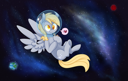 Size: 1280x812 | Tagged: source needed, safe, artist:buljong, derpy hooves, doctor whooves, time turner, earth pony, pony, worm, ask doctor whooves, g4, earth, female, mare, space, space helmet, species swap