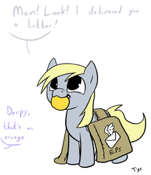 Size: 500x580 | Tagged: source needed, safe, artist:tigs, derpy hooves, pegasus, pony, g4, cute, derpabetes, filly, mailpony, mouth hold, orange, solo, underp