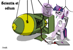 Size: 3200x2200 | Tagged: safe, artist:junkiekb, twilight sparkle, pony, unicorn, g4, albert einstein, atomic bomb, bedroom eyes, bomb, book, chair, clothes, glasses, high res, latin, magic, magitek, notes, nuclear weapon, pencil, screwdriver, shirt, sitting, t-shirt, textbook, twilight sparkle is not amused, wrench