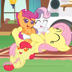 Size: 4000x4000 | Tagged: safe, artist:beavernator, apple bloom, fluttershy, scootaloo, sweetie belle, earth pony, pegasus, pony, unicorn, g4, ^^, absurd resolution, adorabloom, baby, baby apple bloom, baby belle, baby pony, baby scootaloo, cuddling, cute, cutealoo, cutie mark crusaders, diaper, diapered, diapered fillies, diapered foals, diasweetes, eyes closed, female, fluttershy's cottage, foal, grin, light skin, lying down, mare, on back, open mouth, open smile, orange skin, playing, shyabetes, smiling, squee, tail hold, white diaper, yellow skin