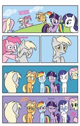 Size: 800x1257 | Tagged: safe, artist:blubhead, applejack, derpy hooves, fluttershy, pinkie pie, rainbow dash, rarity, twilight sparkle, pegasus, pony, unicorn, g4, angry, cloud, comic, confused, crying, female, grass, hoof over eye, mane six, mare, missing cutie mark, pointing, screaming, shocked, shove, smiling, underp, what in tarnation