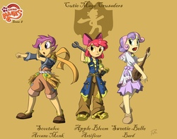 Size: 1374x1080 | Tagged: source needed, safe, artist:didj, apple bloom, scootaloo, sweetie belle, human, my little mages, g4, apron, arcane monk, artificer, bard, clothes, cutie mark crusaders, fantasy class, humanized, lute, musical instrument, robe, simple background, wrench