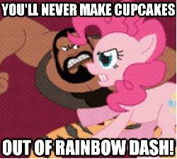 Size: 360x324 | Tagged: safe, pinkie pie, fanfic:cupcakes, g4, action hank, animated, dexter's laboratory, female, image macro, male