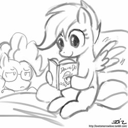 Size: 850x850 | Tagged: safe, artist:johnjoseco, daring do, pinkie pie, scootaloo, g4, bed, book, glasses, grayscale, monochrome, pinkie pie solutions, reading