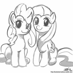 Size: 850x850 | Tagged: safe, artist:johnjoseco, fluttershy, pinkie pie, earth pony, pegasus, pony, g4, female, grayscale, lesbian, looking at you, monochrome, ship:flutterpie, shipping, signature, simple background, sitting, white background