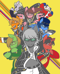 Size: 387x479 | Tagged: safe, artist:silent ponytagonist, amagi yukiko, glasses, hanamura yosuke, kujikawa rise, narukami yu, persona, persona 4, pixiv, ponified, satonaka chie, shirogane naoto, tatsumi kanji, teddie