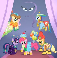 Size: 673x687 | Tagged: safe, screencap, applejack, fluttershy, pinkie pie, rainbow dash, twilight sparkle, earth pony, pegasus, pony, unicorn, g4, season 1, suited for success, constellation dress, female, mare, rarity logo, unicorn twilight