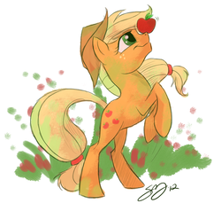 Size: 1028x979 | Tagged: safe, artist:probablyfakeblonde, applejack, earth pony, pony, g4, apple, female, obligatory apple, rearing, solo