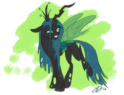 Size: 1280x985 | Tagged: safe, artist:probablyfakeblonde, queen chrysalis, changeling, changeling queen, g4, crown, fangs, female, grin, jewelry, raised leg, regalia, signature, smiling, solo, standing