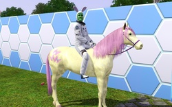 Size: 1440x896 | Tagged: safe, fluttershy, oc, oc:anon, horse, human, g4, bunny ears, game screencap, hoers, humans riding ponies, missing wing, pets, riding, spacesuit, the sims, the sims 3, the sims 3 pets