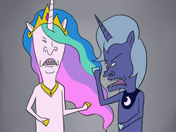 Size: 720x540 | Tagged: safe, artist:blubhead, princess celestia, princess luna, alicorn, pony, g4, beavis and butthead, bipedal, crossover, cursed image, female, royal sisters, s1 luna, siblings, sisters