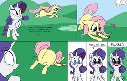 Size: 1024x658 | Tagged: safe, artist:ross irving, fluttershy, rarity, butterfly, pony, unicorn, g4, butt, colored sketch, female, impossibly large butt, lesbian, looking at butt, mare, plot, ship:flarity, shipping, tail, tail aside, the ass was fat