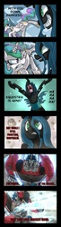 Size: 700x2575 | Tagged: safe, artist:uc77, princess celestia, queen chrysalis, changeling, changeling queen, g4, big damn heroes, female, matrix of leadership, optimus prime, transformers