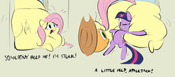 Size: 1457x643 | Tagged: safe, artist:ross irving, applejack, fluttershy, twilight sparkle, pony, unicorn, g4, butt, butt touch, colored sketch, fat, fattershy, female, hoof on butt, impossibly large butt, mare, morbidly obese, plot, pushing, rump push, stuck