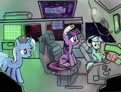 Size: 763x576 | Tagged: safe, artist:commandplay, lyra heartstrings, trixie, twilight sparkle, g4, science fiction, space