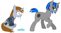 Size: 3250x1800 | Tagged: safe, artist:dr-phoen-x, oc, oc only, oc:homage, oc:littlepip, pony, unicorn, fallout equestria, clothes, cutie mark, drool, duo, eyes on the prize, fanfic, fanfic art, female, grin, hooves, horn, jumpsuit, lesbian, looking at butt, looking at something, looking back, mare, oc x oc, pipbuck, raised hoof, ship:pipmage, shipping, sitting, smiling, standing, teeth, vault suit