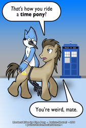 Size: 1256x1863 | Tagged: safe, artist:paulrus-keaton, doctor whooves, time turner, earth pony, pony, g4, crossover, doctor who, male, mordecai, regular show, rider, riding, stallion, tardis