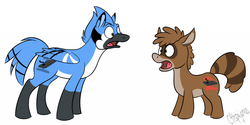 Size: 1000x500 | Tagged: safe, artist:calicopikachu, male, mordecai, mordecai and rigby, ponified, regular show, rigby (regular show)