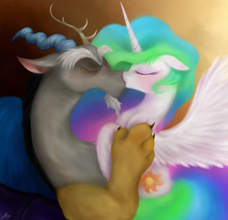 Size: 900x867 | Tagged: dead source, safe, artist:mn27, discord, princess celestia, alicorn, draconequus, pony, g4, cuddling, duo, eyes closed, female, kiss on the lips, kissing, love, making out, male, mare, romance, romantic, ship:dislestia, shipping, snuggling, straight