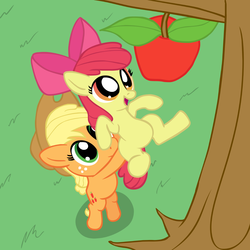 Size: 1200x1200 | Tagged: safe, artist:tranquilmind, apple bloom, applejack, earth pony, pony, g4, apple, bipedal, holding a pony, sisters