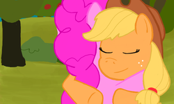 Size: 854x512 | Tagged: artist needed, safe, applejack, pinkie pie, earth pony, pony, g4, female, hug, mare, tree