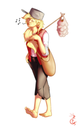 Size: 500x750 | Tagged: safe, artist:explosivegent, applejack, human, g4, barefoot, barefooting, eyes closed, feet, female, hat, humanized, johnny appleseed, music notes, pot, simple background, smiling, solo, transparent background, walking