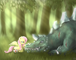 Size: 4000x3200 | Tagged: dead source, safe, artist:mlpanon, fluttershy, dragon, g4, bandage, first aid kit, forest, kindness